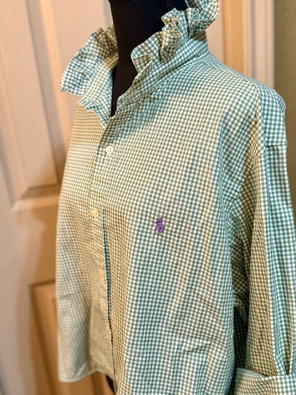 Upcycled Men’s Ralph Lauren Green and White Gingham Ruffle-Collar Shirt